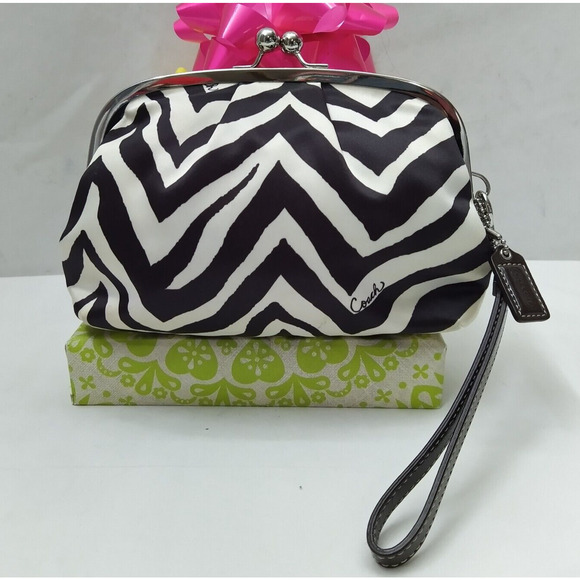 Coach Brown White Stripe Zebra Printed Kisslock Framed Wristlet - Coin Wallet - Picture 3 of 12